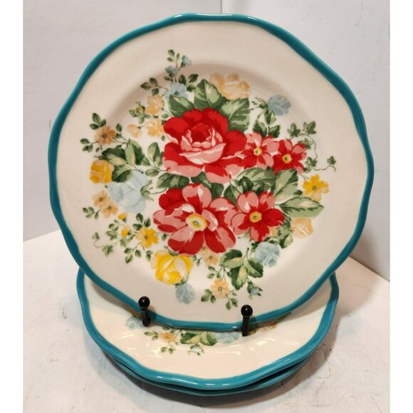 Pioneer Woman Vintage Floral Turquoise Edge Salad Plates 8.5 inch Set of 3 EUC - Picture 1 of 10